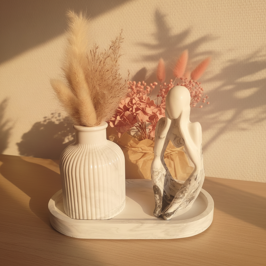 Style doré chaud - vase blanc et figurine marbrée