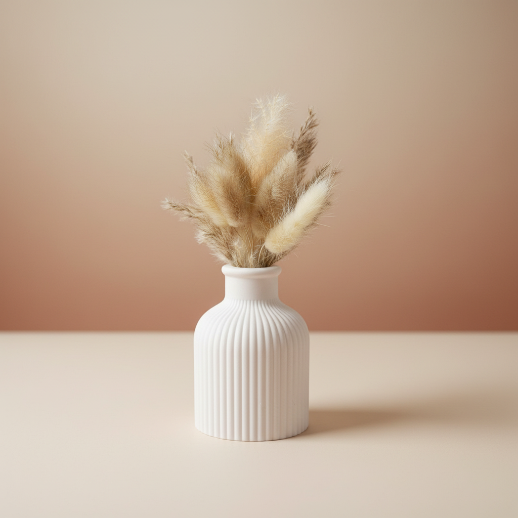 Vase cannelé blanc pampa fond beige nude